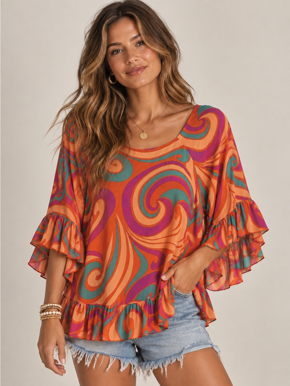 PINEAPPLES • retro psychedelic swirl pattern with flutter sleeve